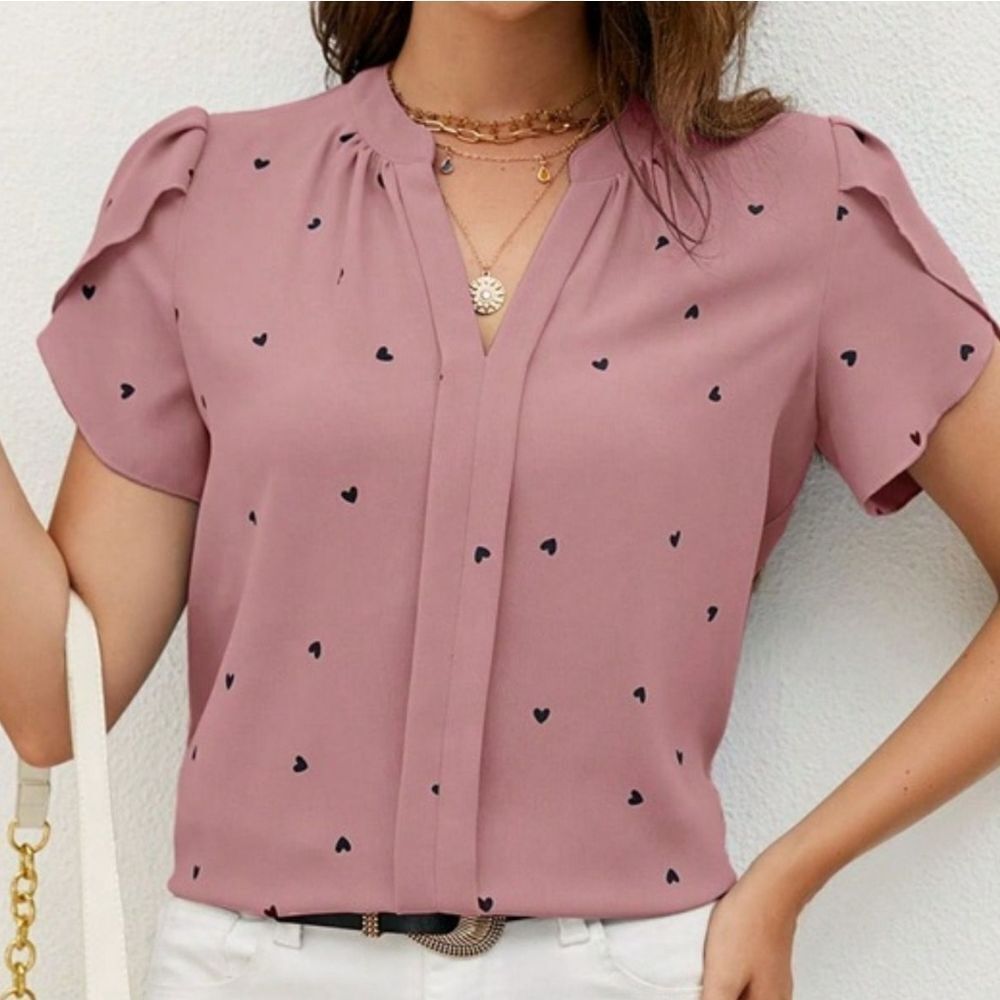 ♡ Valentines Tops ♡ Dust Pink Heart Print Business Casual Office Top Sz Small